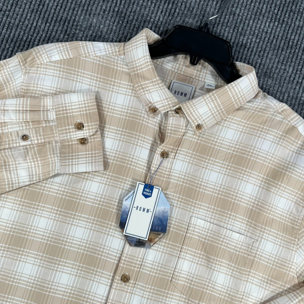 Rowm Shirt Mens 2XL XXL Beige Plaid Long Sleeve Button Down Casual Comfort New